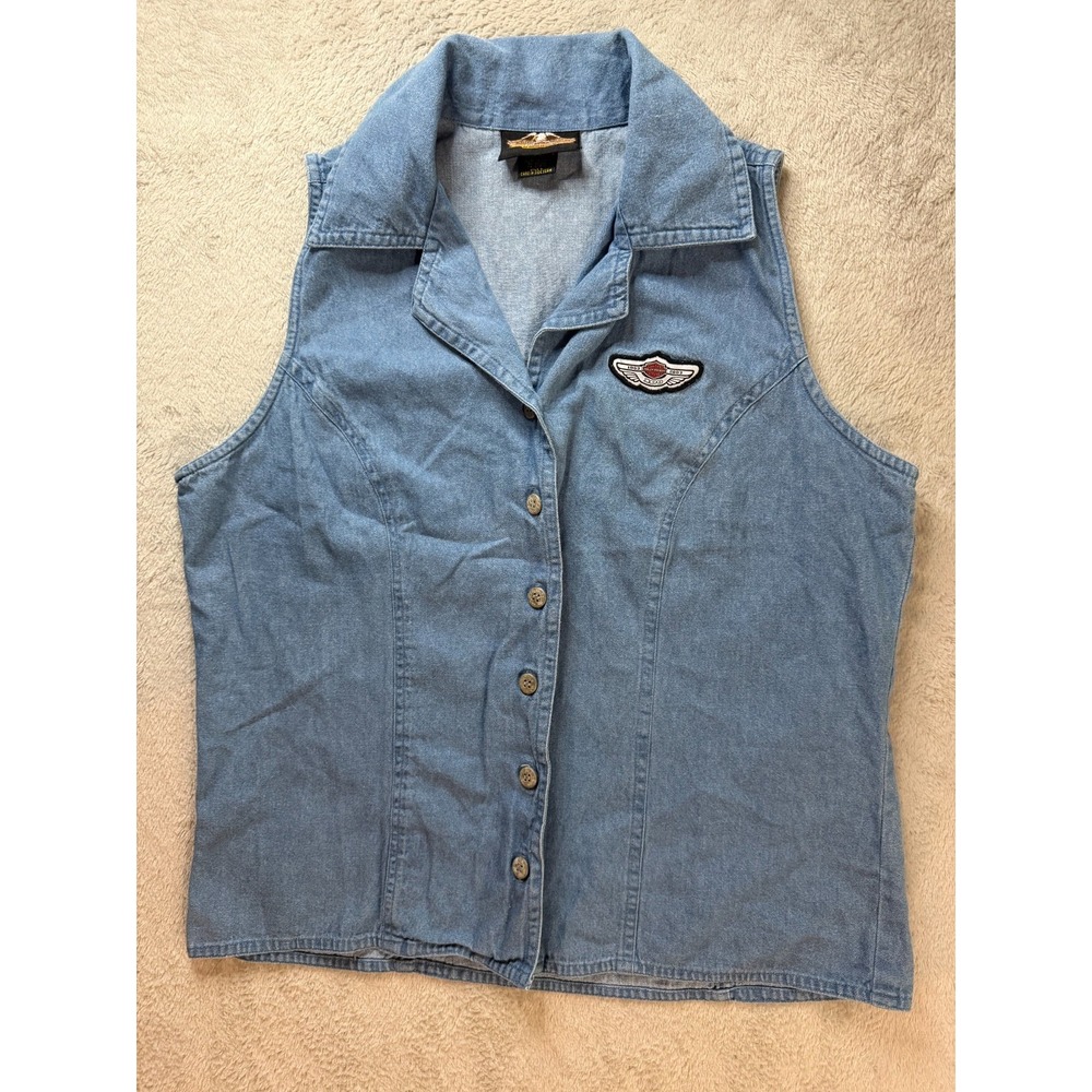 Vintage Harley Davidson Womens Denim 100 Year Anniversary Top Vest Size L Biker